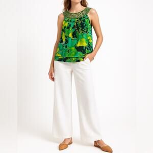 ODILLE Crochet Trim Sleeveless Blouse | S | Green Multi | Anthropologie Office